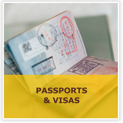 Passports & Visas over picture of passport with stamps