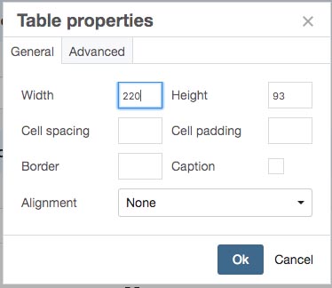 Advanced settings and options when inserting a table