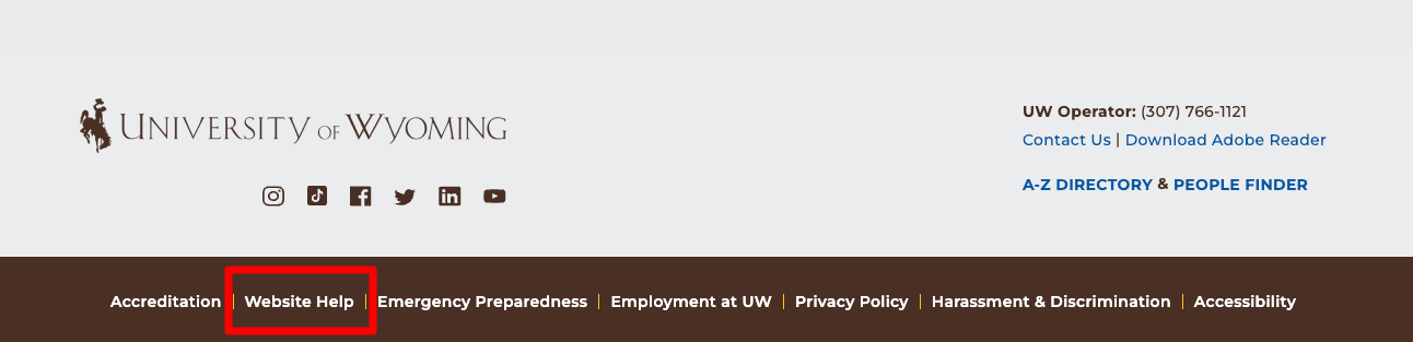 A screenshot of the UW website footer Web Help link circled in red.