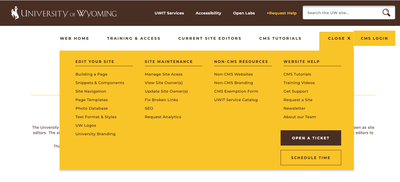 A screenshot of the UW CMS web help naviagtion.