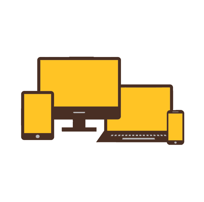 icon of a full size computer monitor, laptop, tablet, and mobile phone.