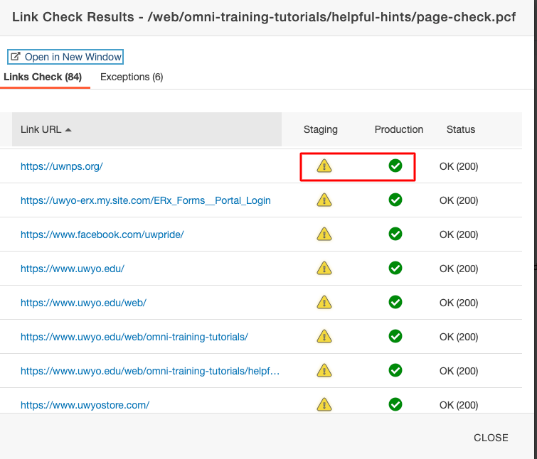 Screenshot of link checks on Omni staging and the live production server