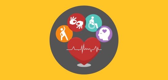 Icon of a heart, surrounded by icons showing health and disability