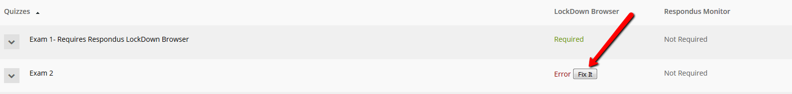 Two quizzes in Respondus with one has Required the other has Error and a button to Fix It.