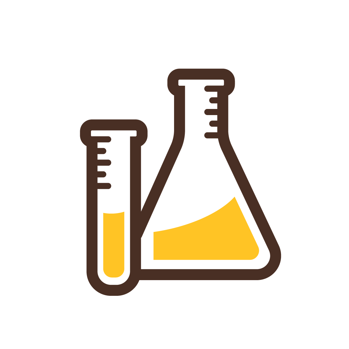 A graphic of two beakers, brown and gold.