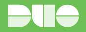 DUO logo with white letters on green background