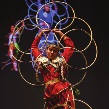 native american woman performing hoop dance