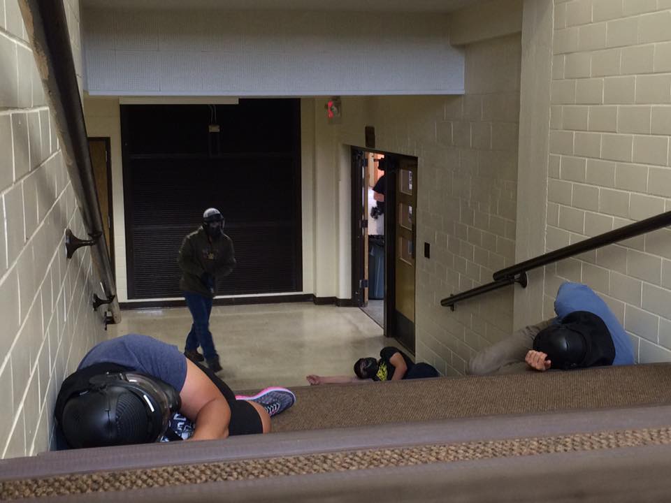 Law Enforcement Officers practice Active Shooter techniques. 