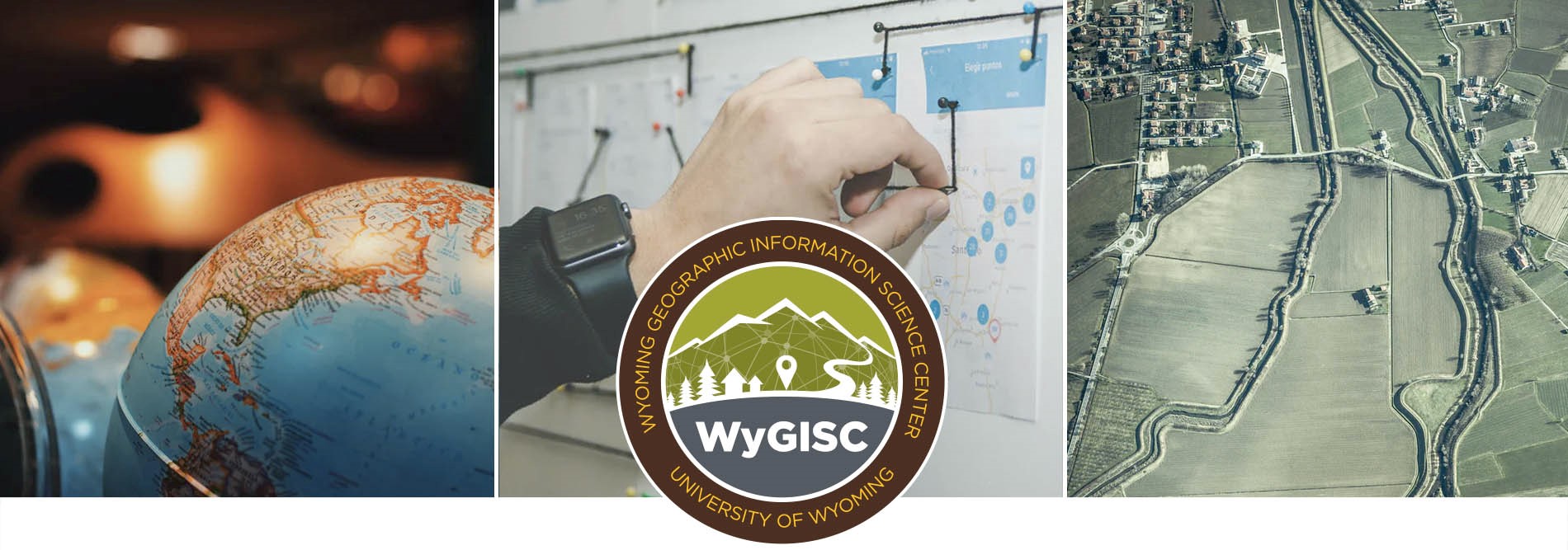 WyGISC logo over drone, mountains, and maps photos