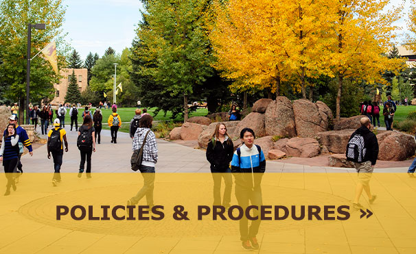Students walking on campus with text: Policies & Procedures