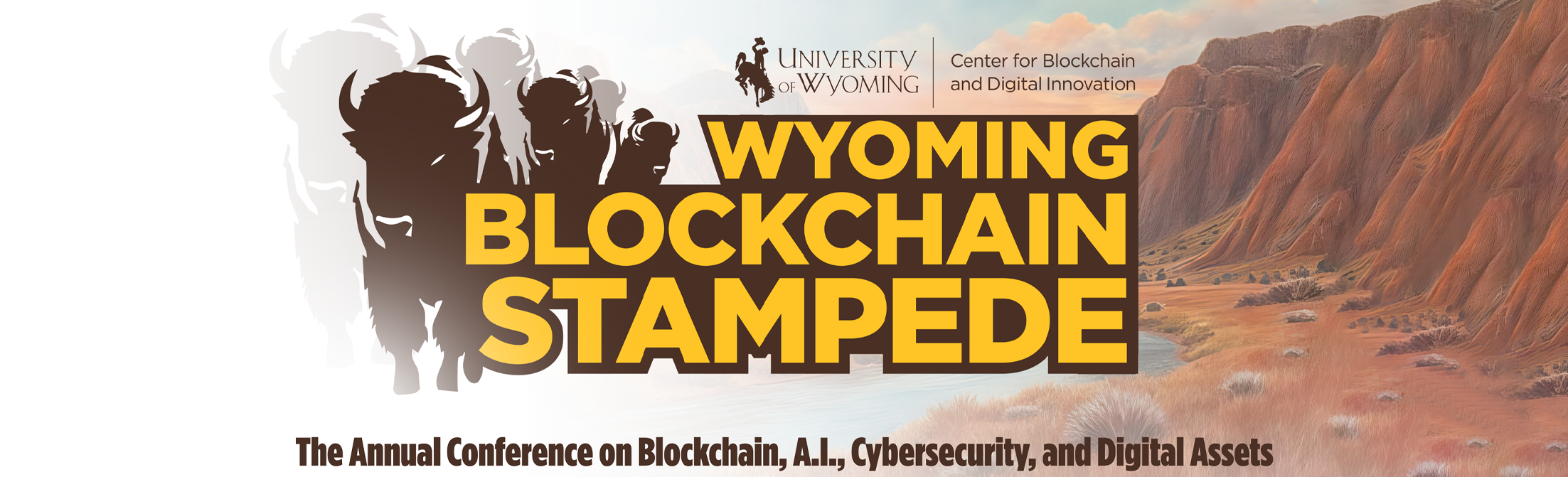 Bison stampeding with Wyoming Blockchain Stampede text