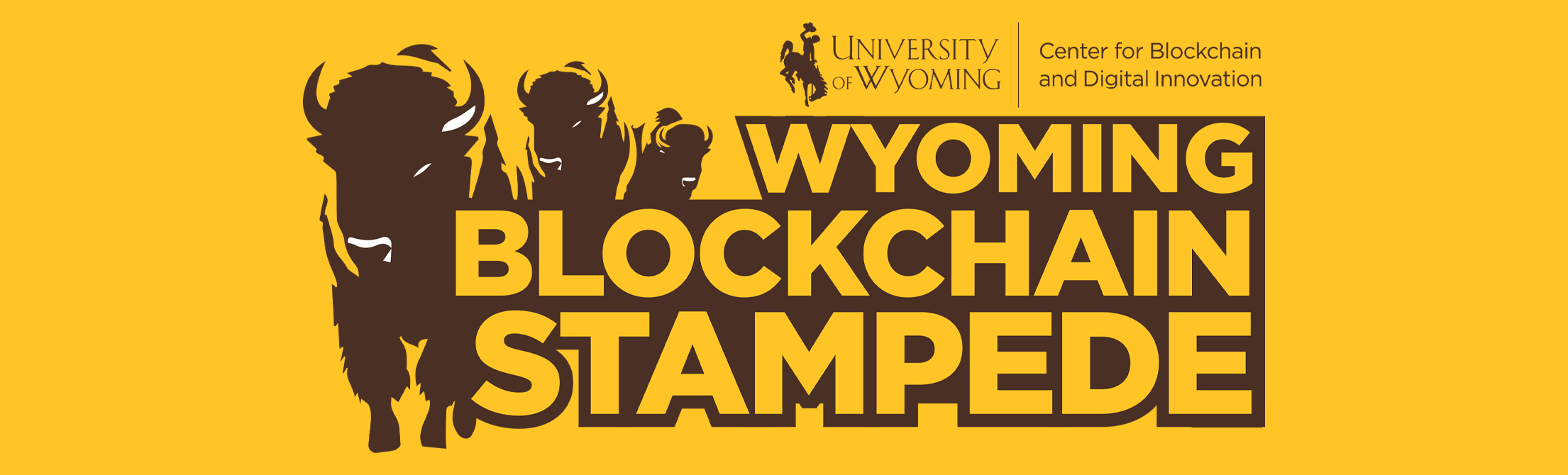Bison stampeding with Wyoming Blockchain Stampede text