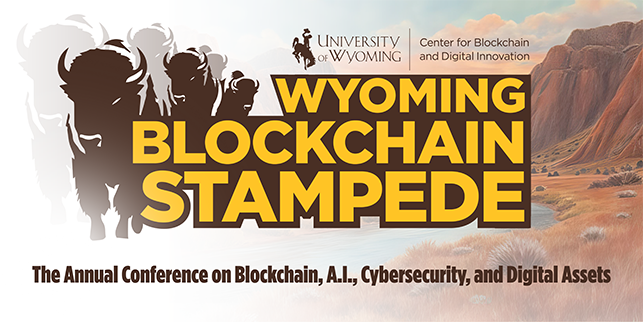Bison stampeding with Wyoming Blockchain Stampede text
