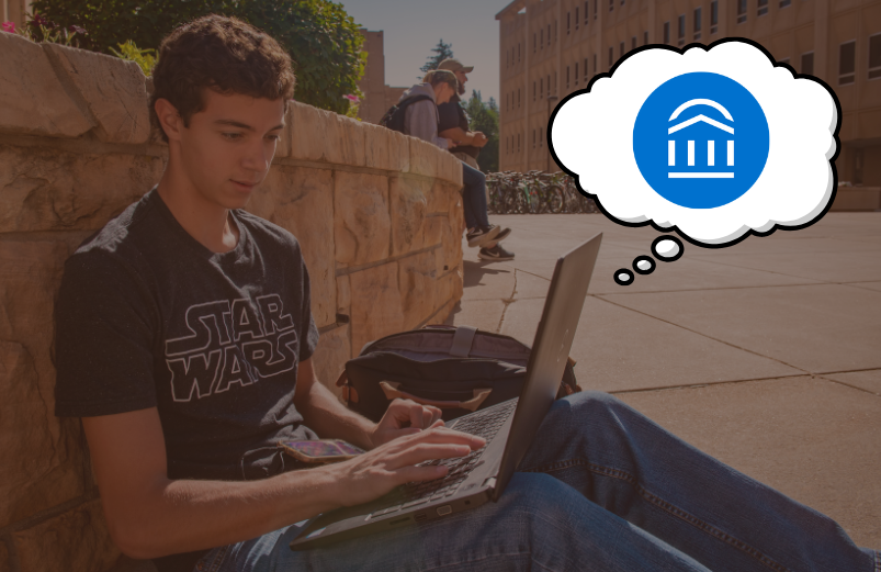 A photo of a student on a laptop with a brown overlay and the Navigate logo