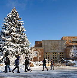 Students on campus in the winter