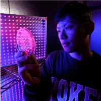 A student examines a specimen in low light.