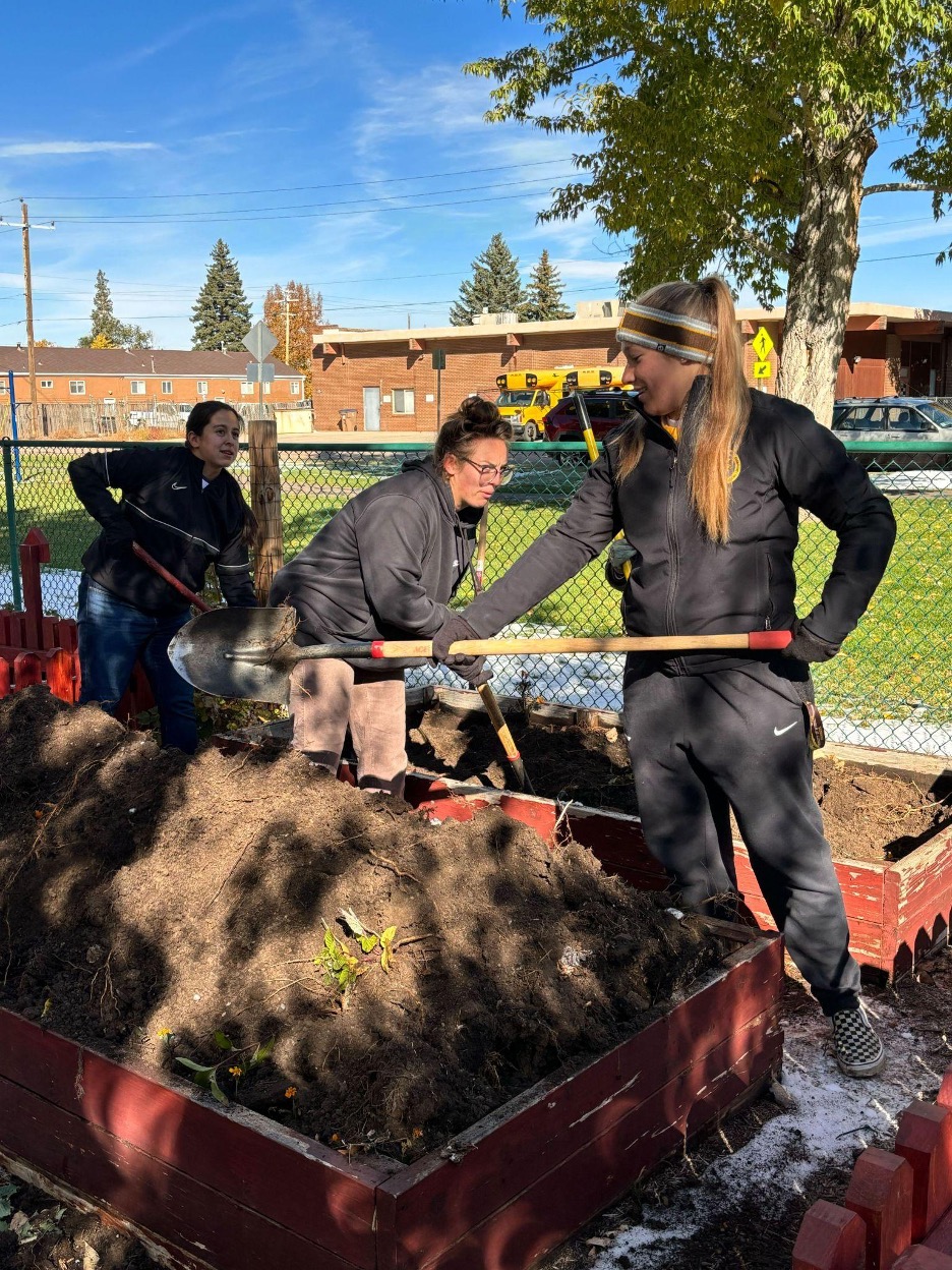 Students winterizing a community garden