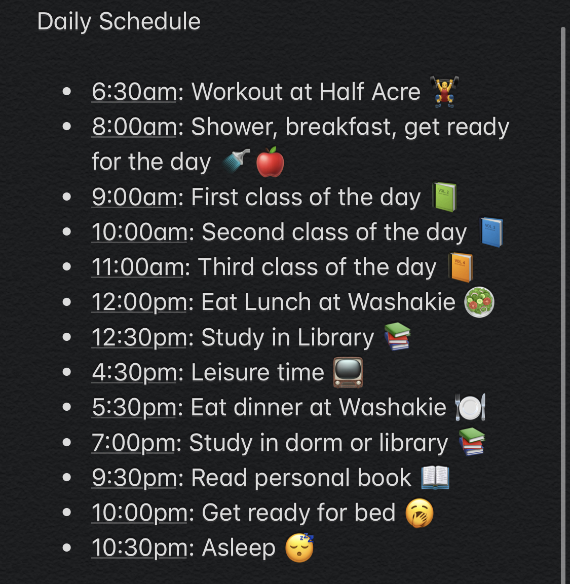 Example of a student's daily schedule