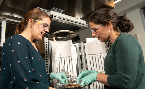 Two students work in a lab together