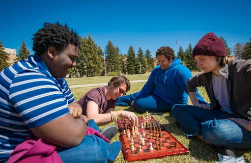 Students sit together playing chess on the lawn.