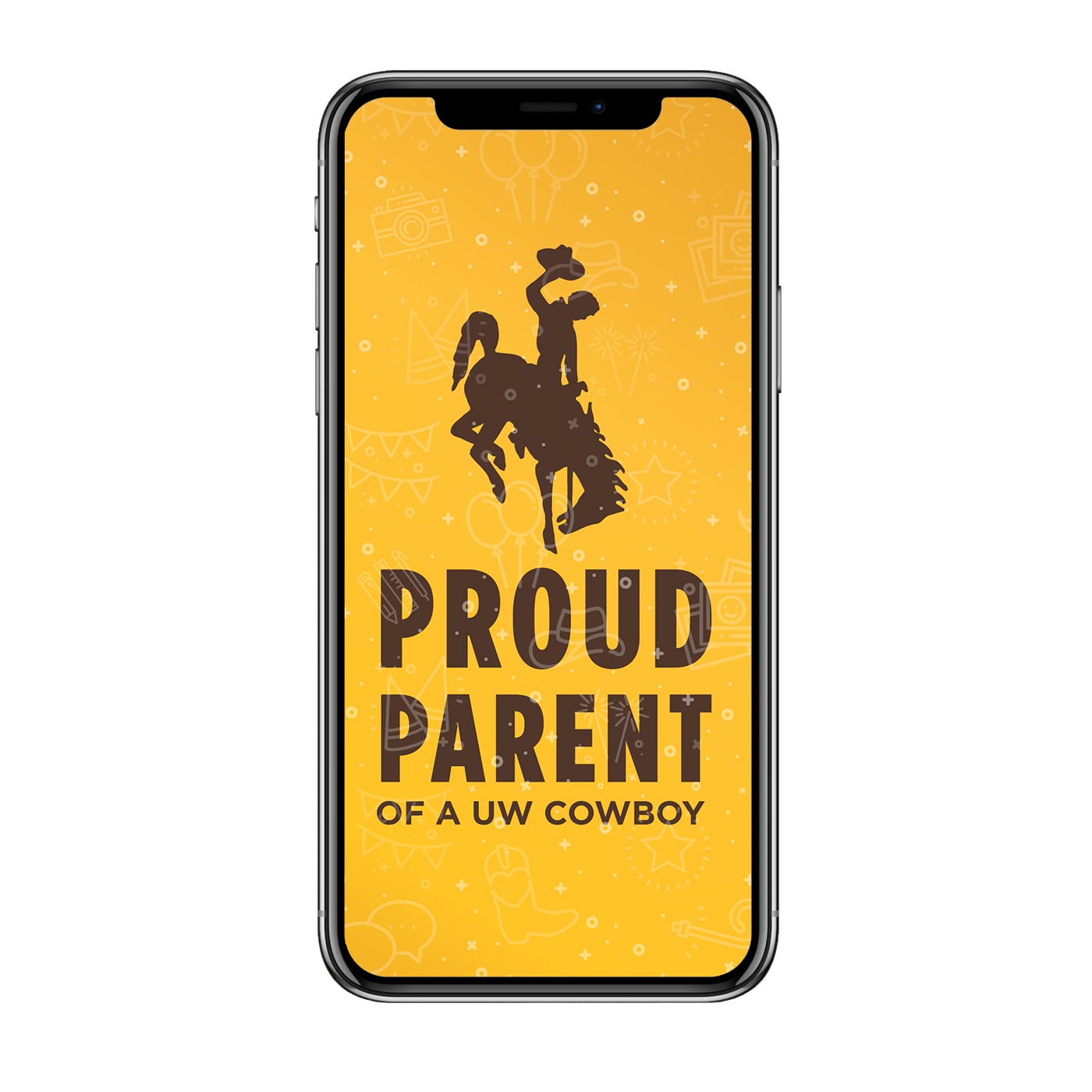 An iPhone screen with the words Proud Parent of UW Cowboy