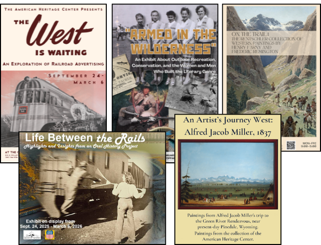 A collage of posters showing the various exhibits on display at the American Heritage Center
