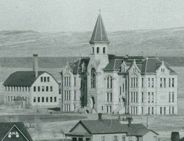 A historic photo of the University of Wyoming campus buildings.