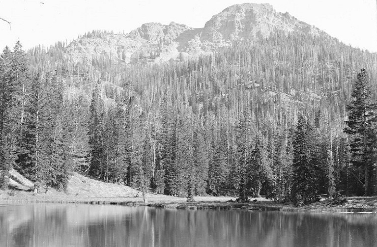 Mountain landscape of rocks and trees with lake in the forground