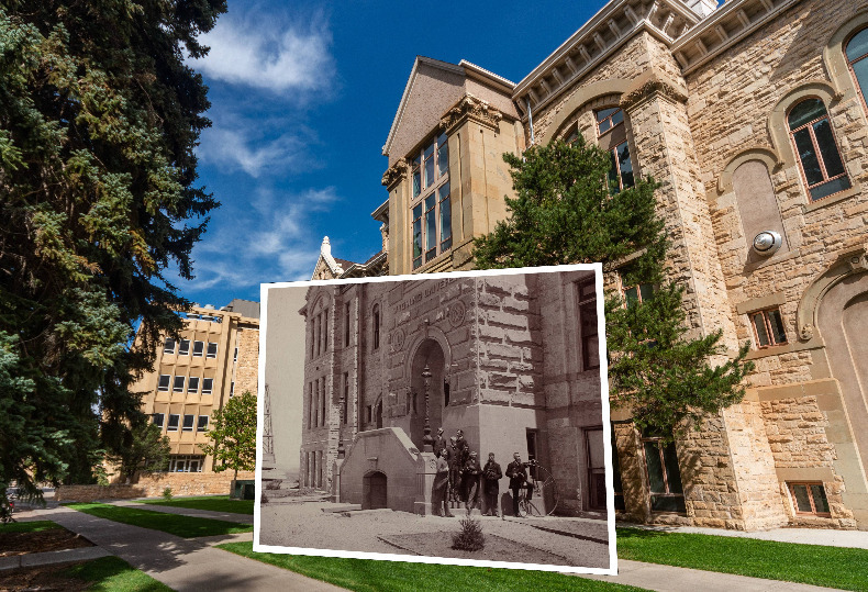 Historical pciture of UW Old Main building inserted into newer color photo