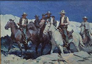 Painted for illistration - color painting of cowboys riding their blustering horses.