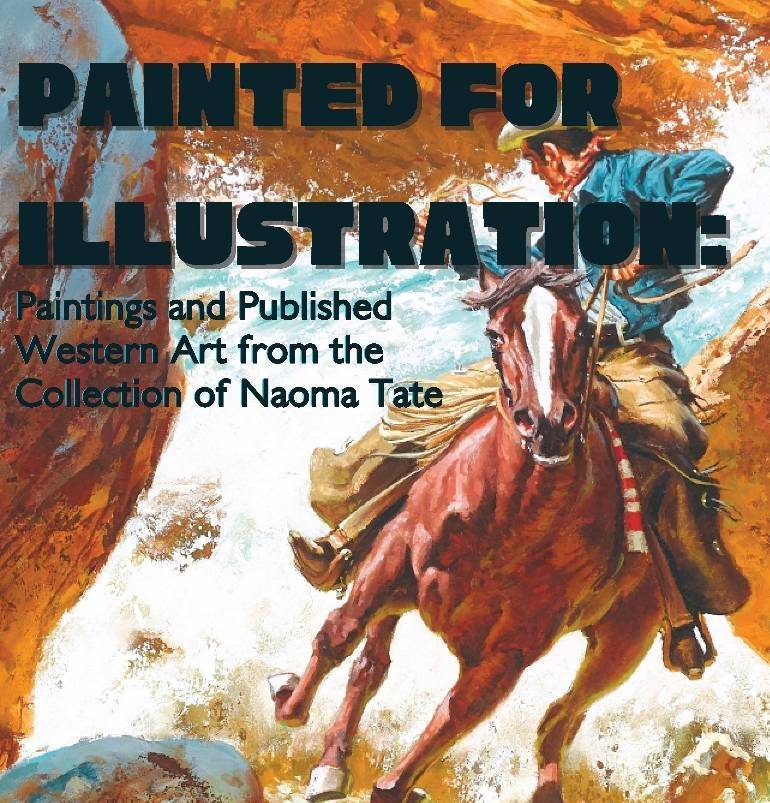 painted for illustration movie poster of cowboy riding a horse into the camera looking back