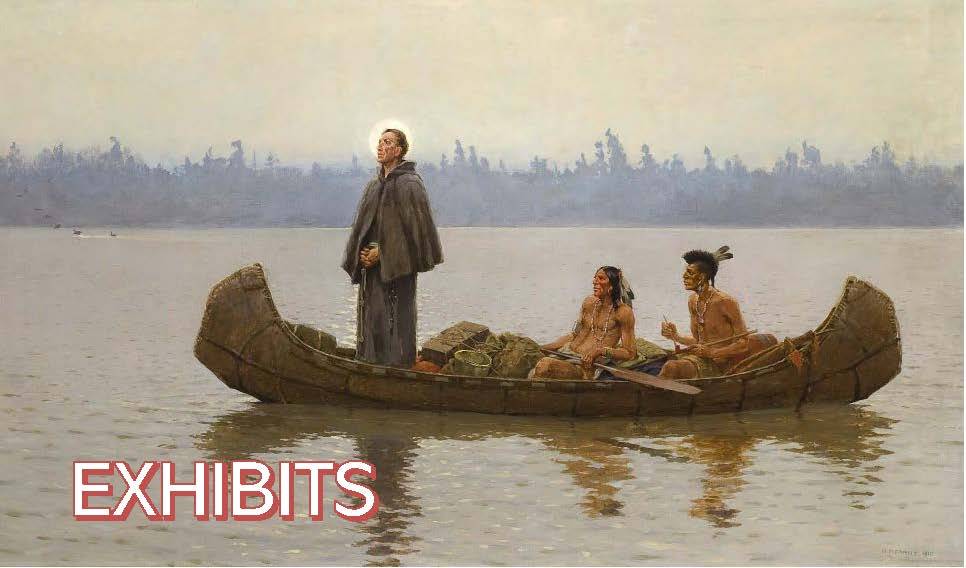 Pere Marquette standing in a canoe with moon behind his head and two native americans sitting in canoe