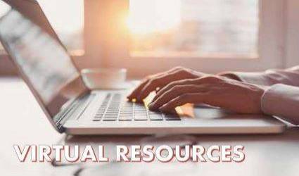 Hands typing on an open laptop with window and sunshine in background with the words "Virtual Resources" at the bottom.