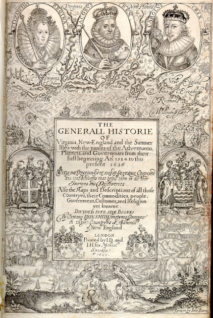 The 1626 Historie of Virginia New England, Inside book page wi6th image of queen, king, prince, coat of arms and The Generall