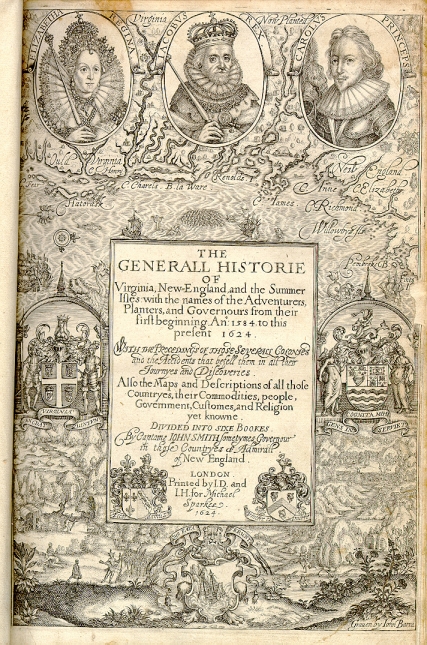 Inside book page wi6th image of queen, king, prince, coat of arms and The Generall Historie of Virginia New England in 1624