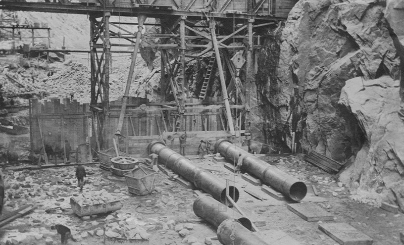 Construction of Buffalo Bill Dam, 1908. American Heritage Center, University of Wyoming, Buffalo Bill Dam Construction Photograph Album.