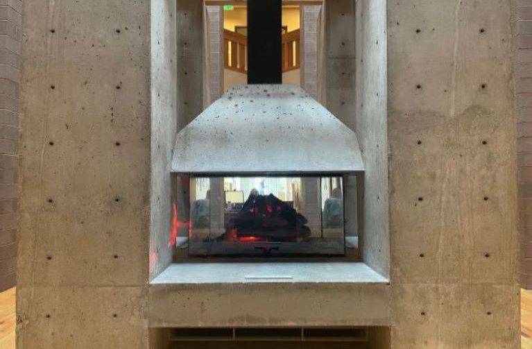 fireplace in the center of the building