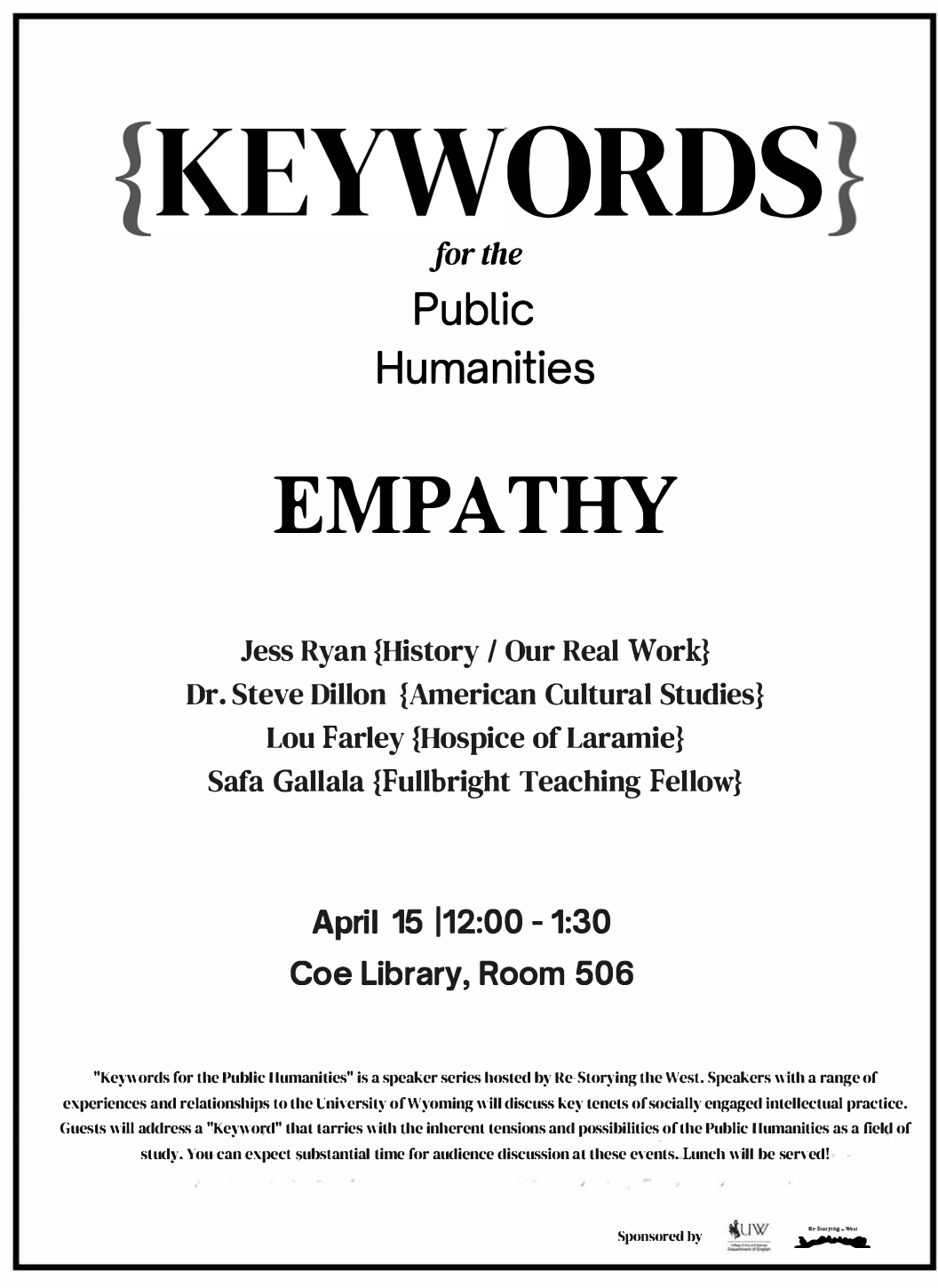 {Keywords for the Public Humanities} poster detailing an event on "Empathy" with speakers listed. Date: April 15, Coe Library, Room 506. Sponsored by UW.