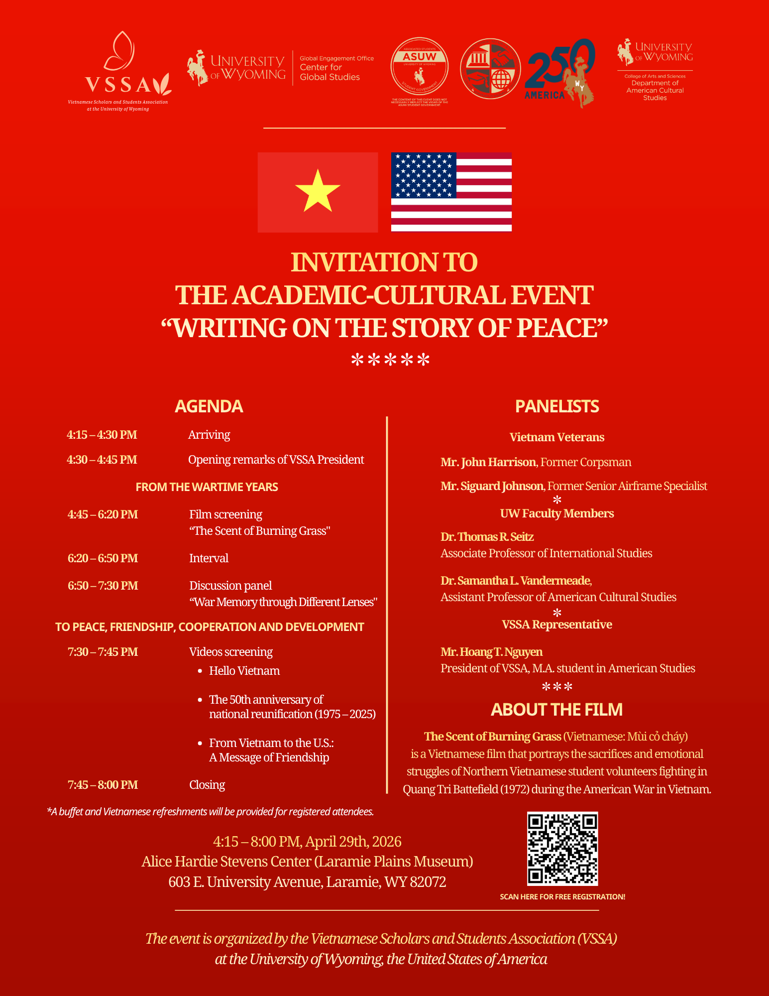 Red poster with details of an academic-cultural event titled "Writing on the Story of Peace." Includes a Vietnam and U.S. flag, agenda, panelists, and film info.