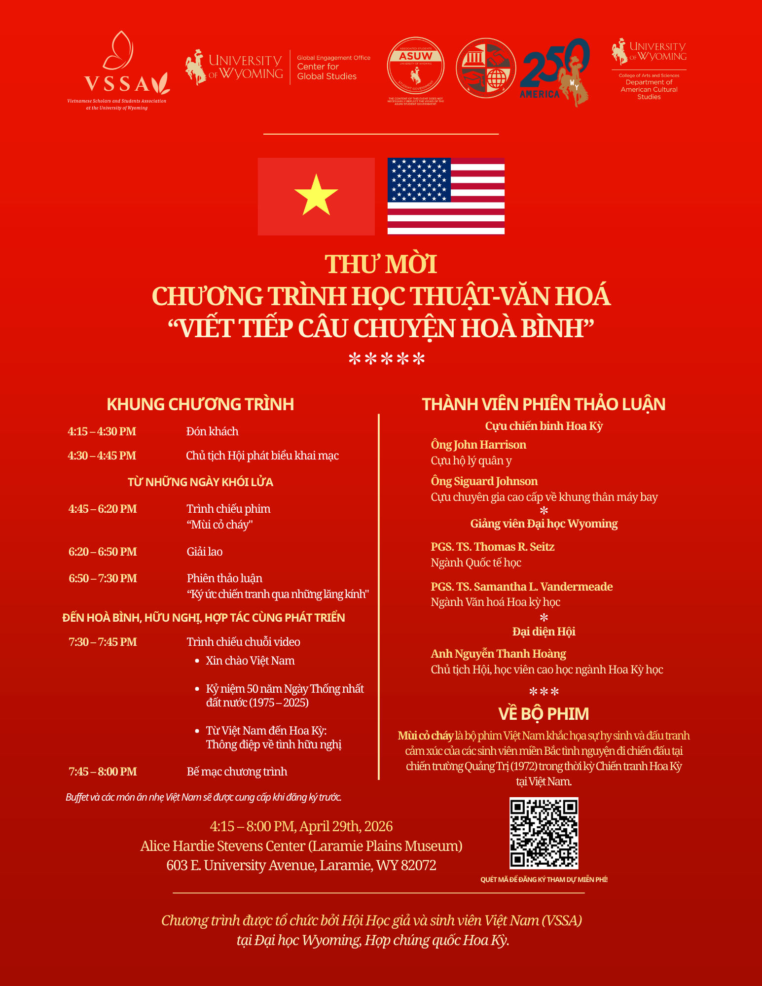 "Event invitation design in red with Vietnamese and American flags. It details a cultural academic program at the University of Wyoming on April 29th, 2026, featuring film screenings, discussions, and speakers. Text is primarily in Vietnamese, with a mix of logos at the top, and a QR code at the bottom right."