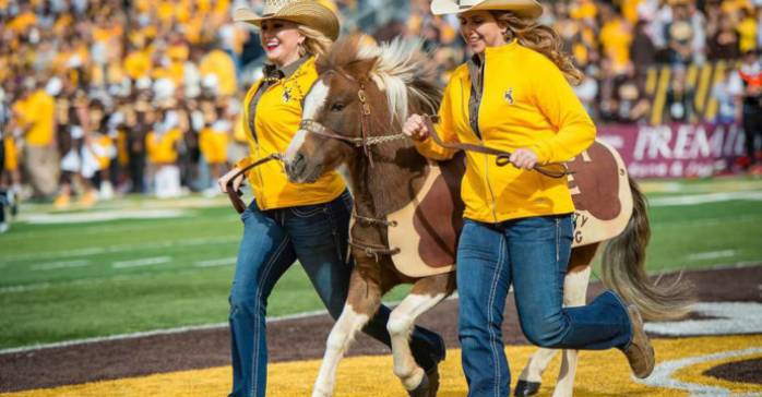 Cowboy Joe V running the end zone at a Wyoming Cowboys football game. 