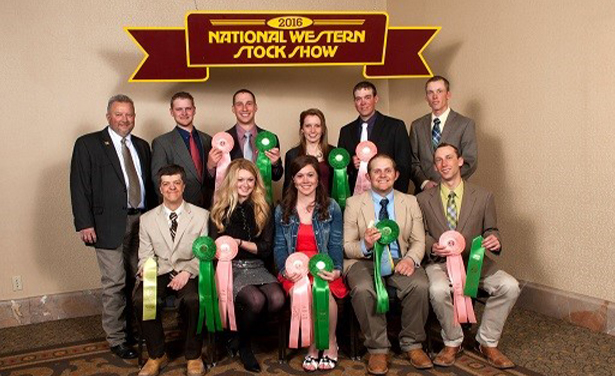 2016 UW Livestock Judging Team poses with awards won at the National Western Stock Show.