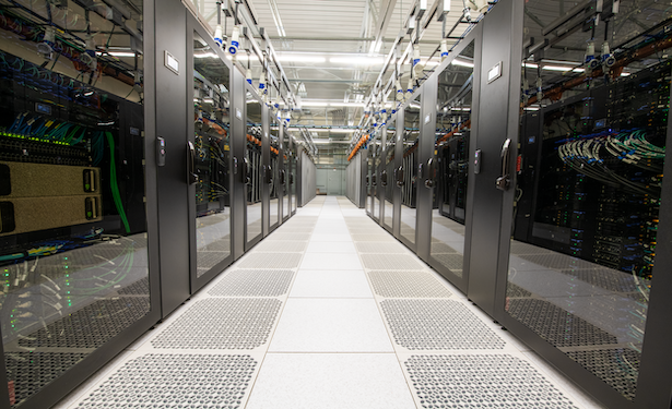 Racks down a hall in a datacenter
