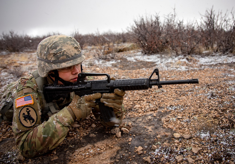 An Army ROTC member participates in a field training outside near the University of Wyoming campus.