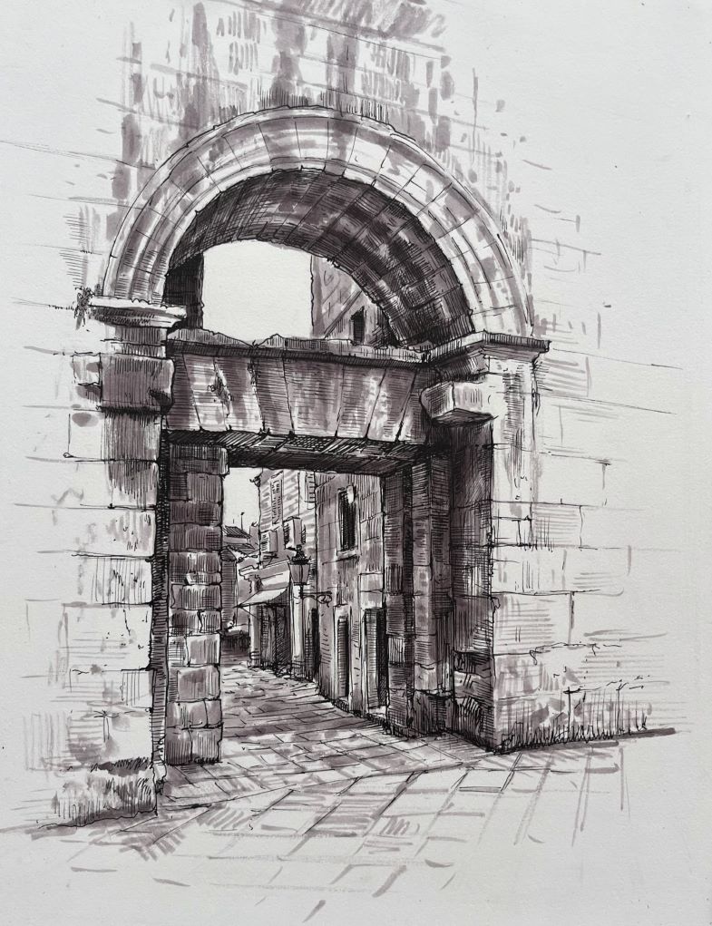 Black and white pencil drawing of archway in stone wall.