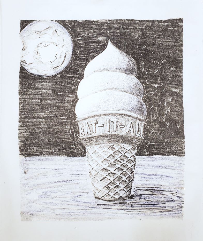 Black and white print of an ice cream cone on the moon.
