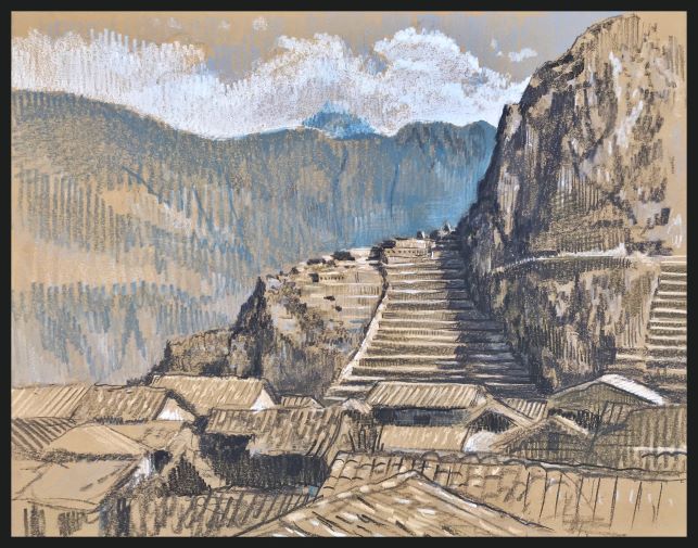 Colored pencil drawing of Peru urban rooftop landscape with mountainous background.