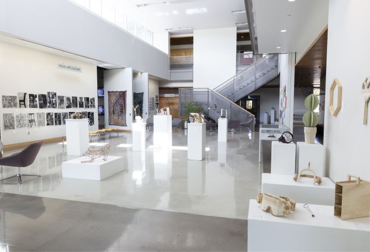 Student work displayed in the Visual Arts lobby