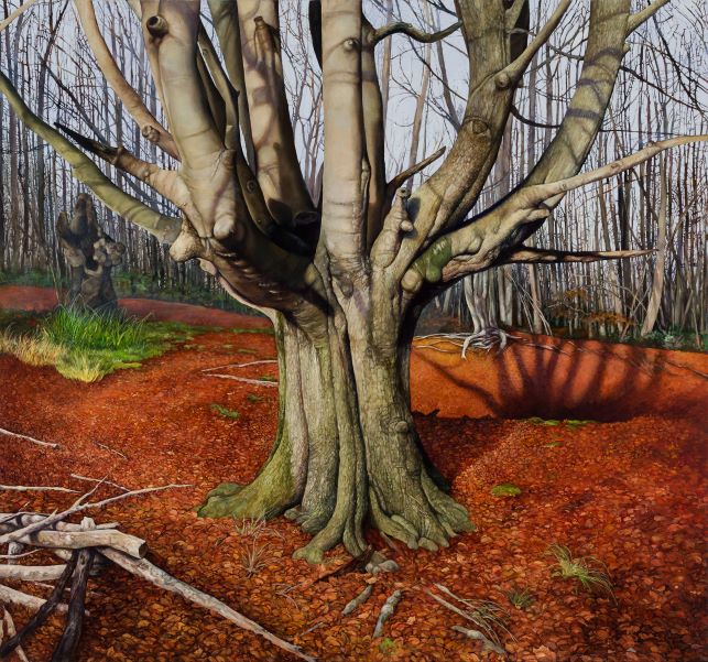 Forest-scape painting featuring a large tree in the center of a copper ground of fallen leaves
