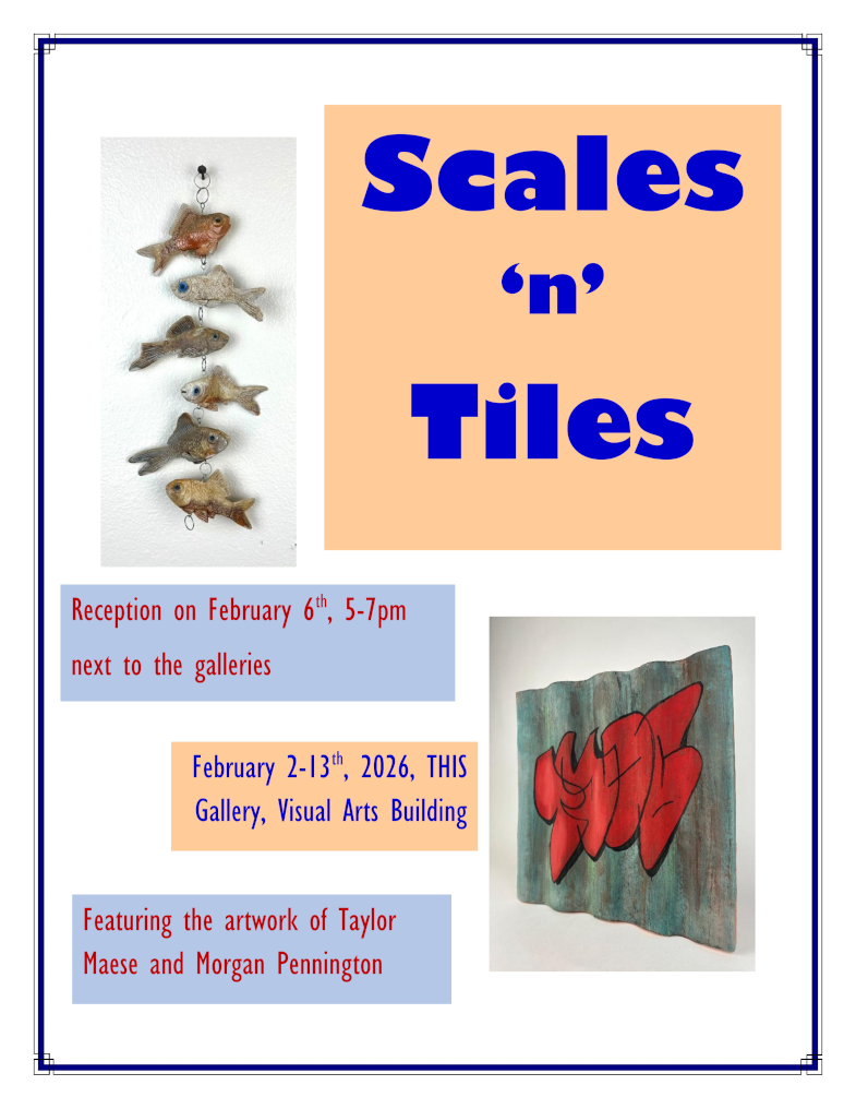 A flyer with tan and blue information panels next to panels of the featured exhibition art